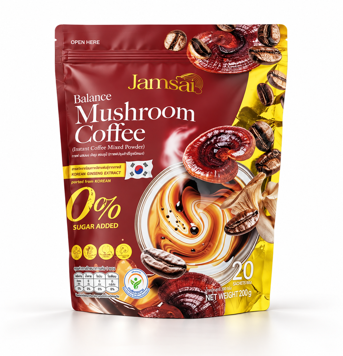 Jamsai Balance Mushroom Coffee – Instant Powder Drink, No Sugar | 20 Sachets/Pack (200 Grams)